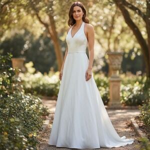 Stella York White Bridal Gown US 14 Long A-Line Button Back 60" Length Skirt GUC